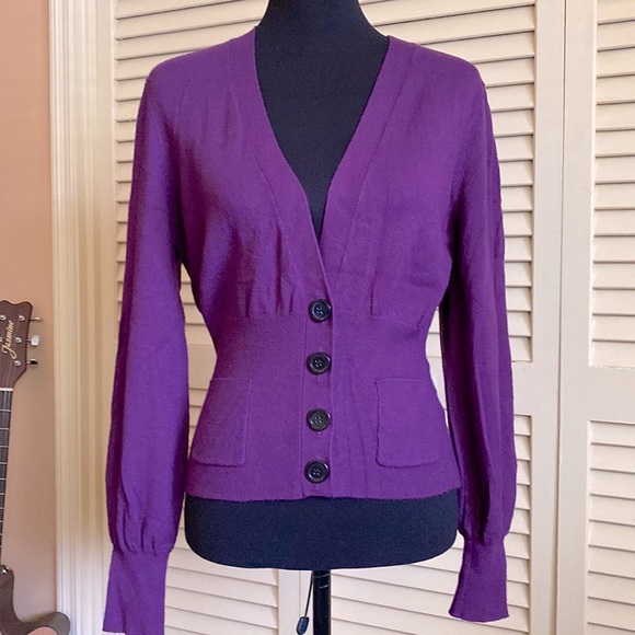 Source Unknown Sweaters - Long-sleeve Cardigan with Bishop Sleeves, 4 button closure and pockets - Purple